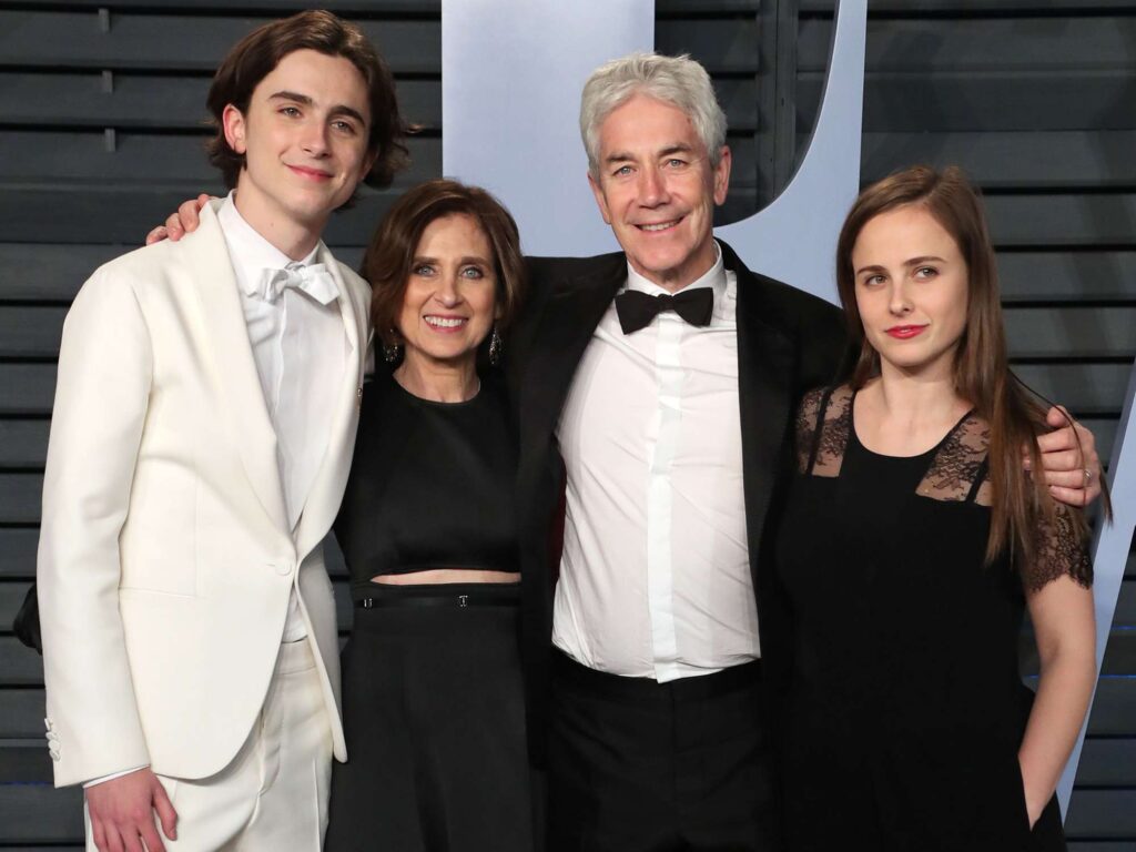 Timothee Chalamet with his parents and sister